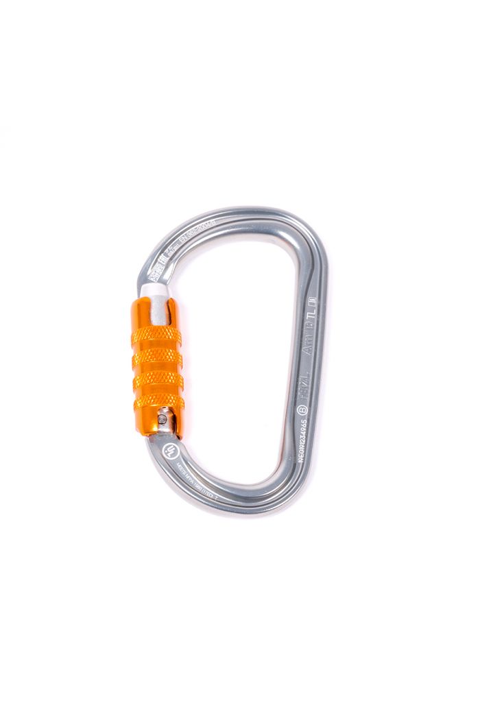 Petzl AM'D Triact Auto-Locking Carabiner in a d shape in silver with an orange auto-locking gate.