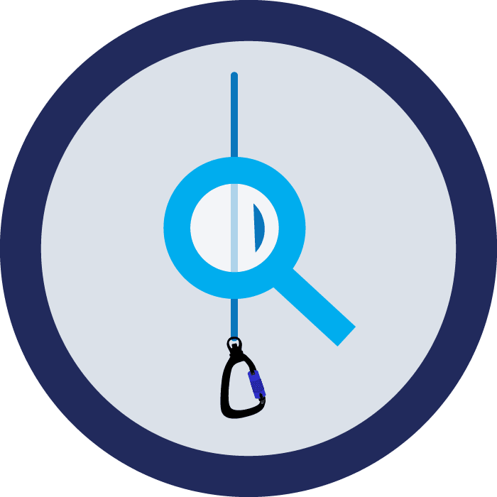 Webbing Inspection icon with magnifying glass looking at webbing and steel auto locking carabiner