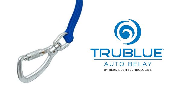 trublue Auto Belay with Petzl swivel and TRUBLUE auto belay logo